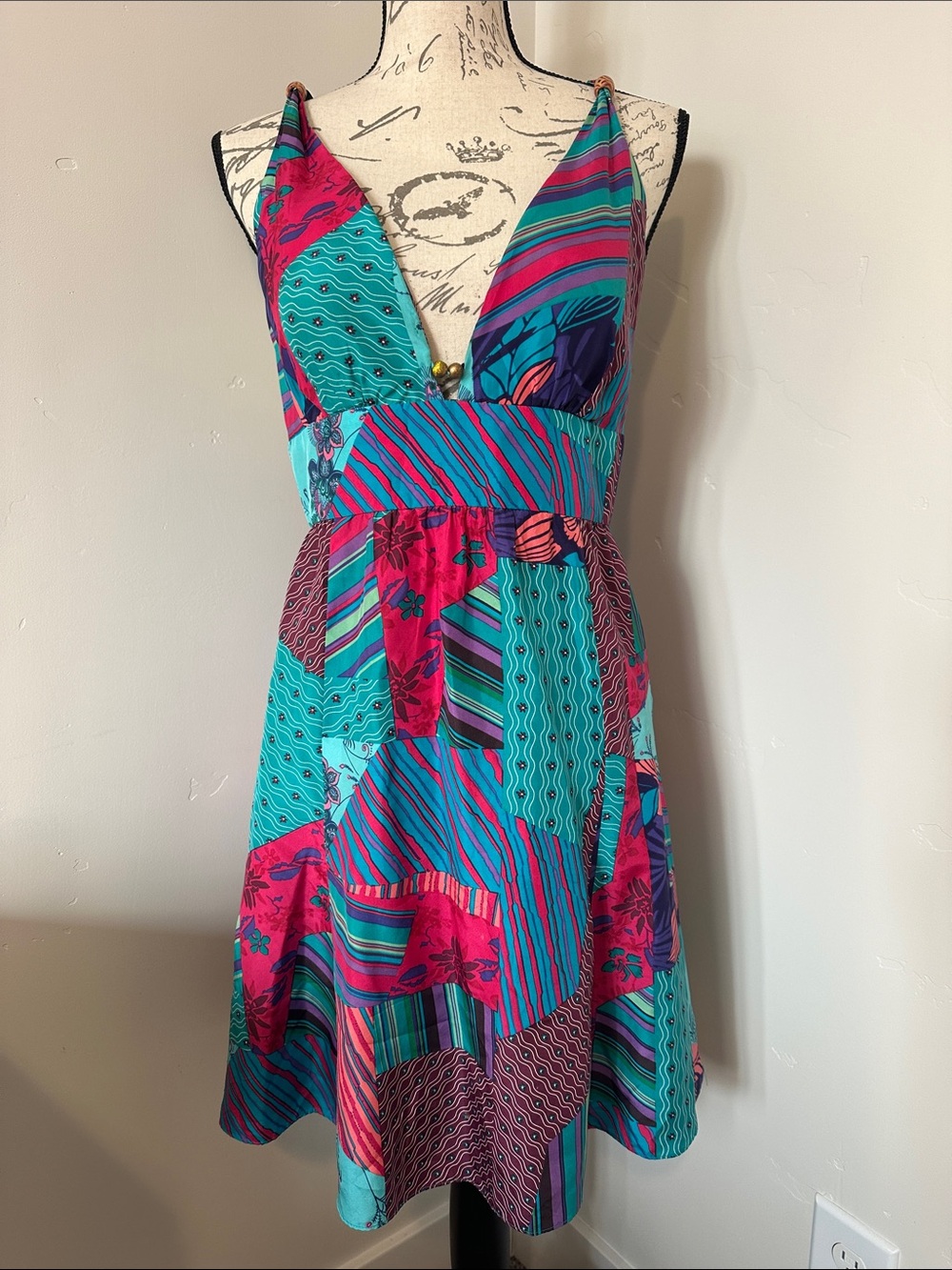 Guess Jeans Silk Vibrant Turquoise & Hot Pink Patchwork Summer Dress 11